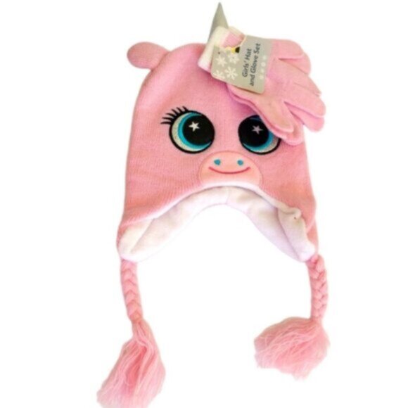 Kids Girls Pink Unicorn Fleece Fall Winter Hat and Glove Mitten Set - Picture 1 of 6